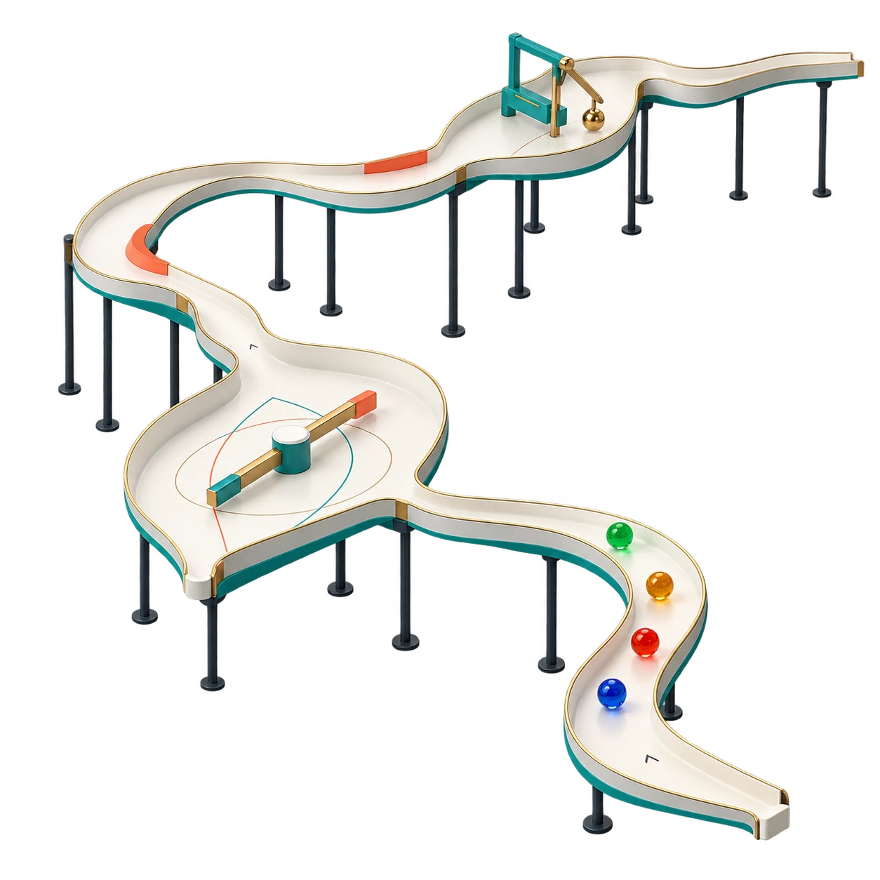 An ivory marble race course with winding chutes, teal and brass obstacles, thin dark supports, and four colorful glass marbles