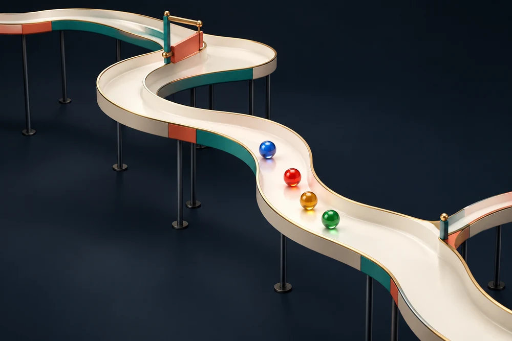 Colorful glass marbles on an ivory winding race chute with teal and coral accents