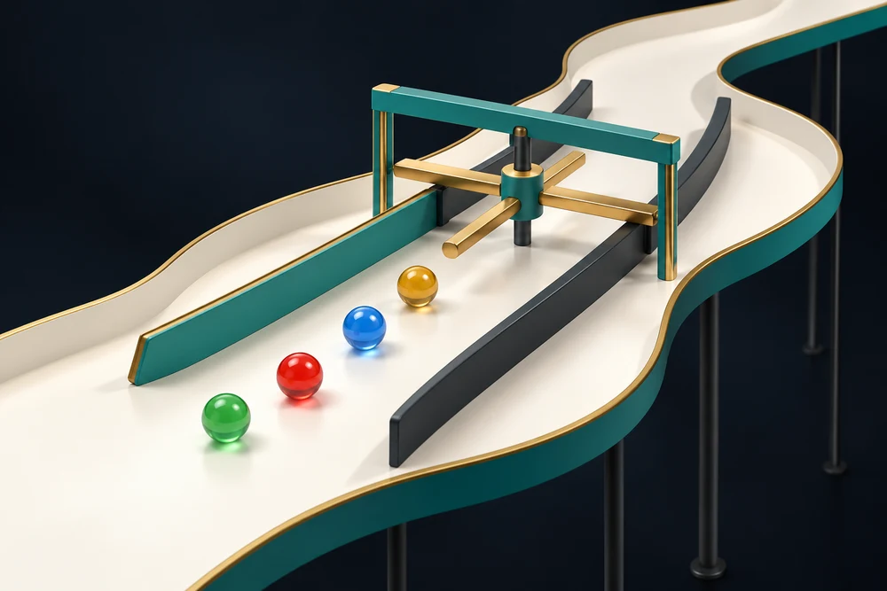 Colorful marbles approaching a teal and brass rotating gate on an ivory track