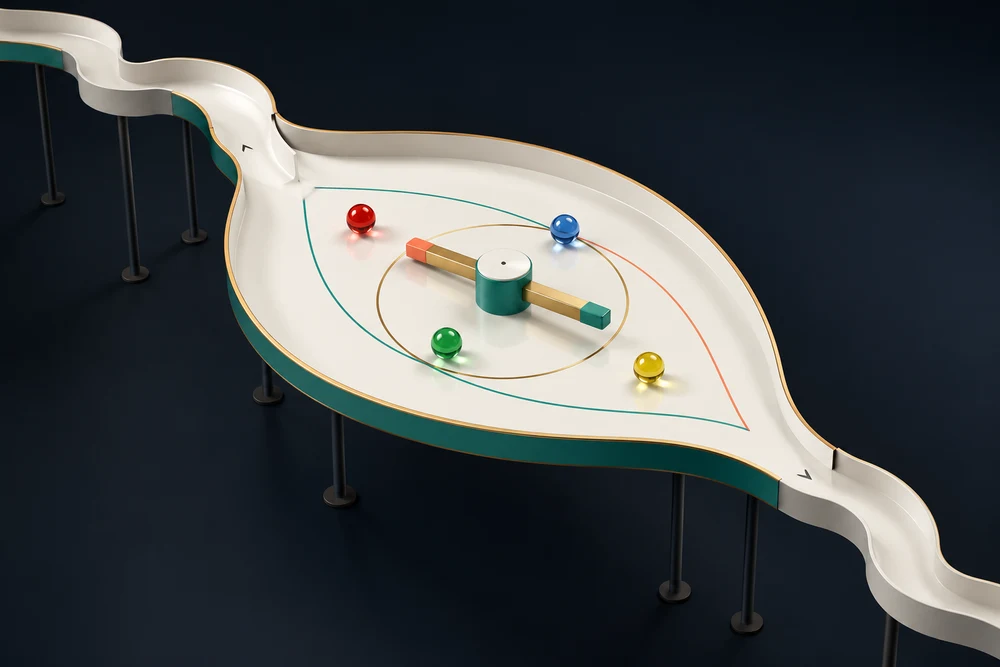 Glass marbles circling a brass paddle in an ivory leaf-shaped obstacle arena
